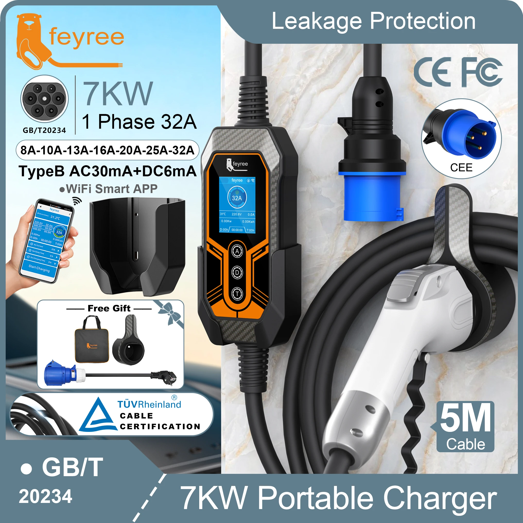 feyree GB/T EV Charger Portable Upgraded Version with Wall Mount 7KW 32A 1 Phase EVSE Charging Box GB/T Plug Wifi APP version