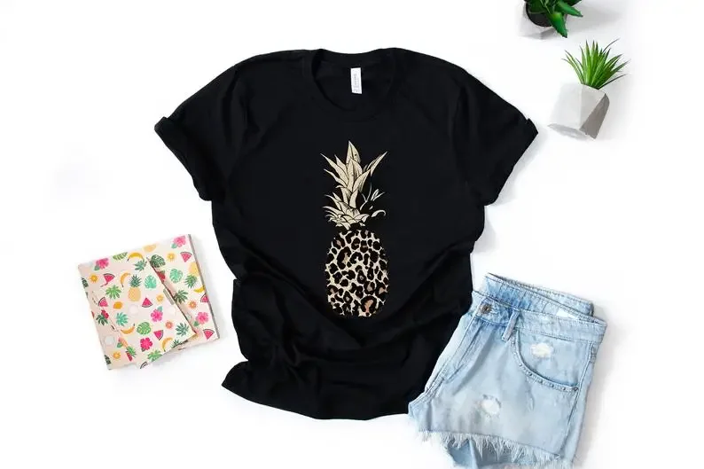 Pineapple Leopard for Women, Foodie Summer Cute Lover Gift for Her 100% cotton  Short Sleeve Top Tees Plus Size O Neck Clothing