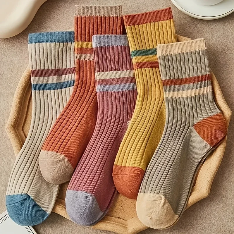 

5 pairs of long tube color blocked women's socks