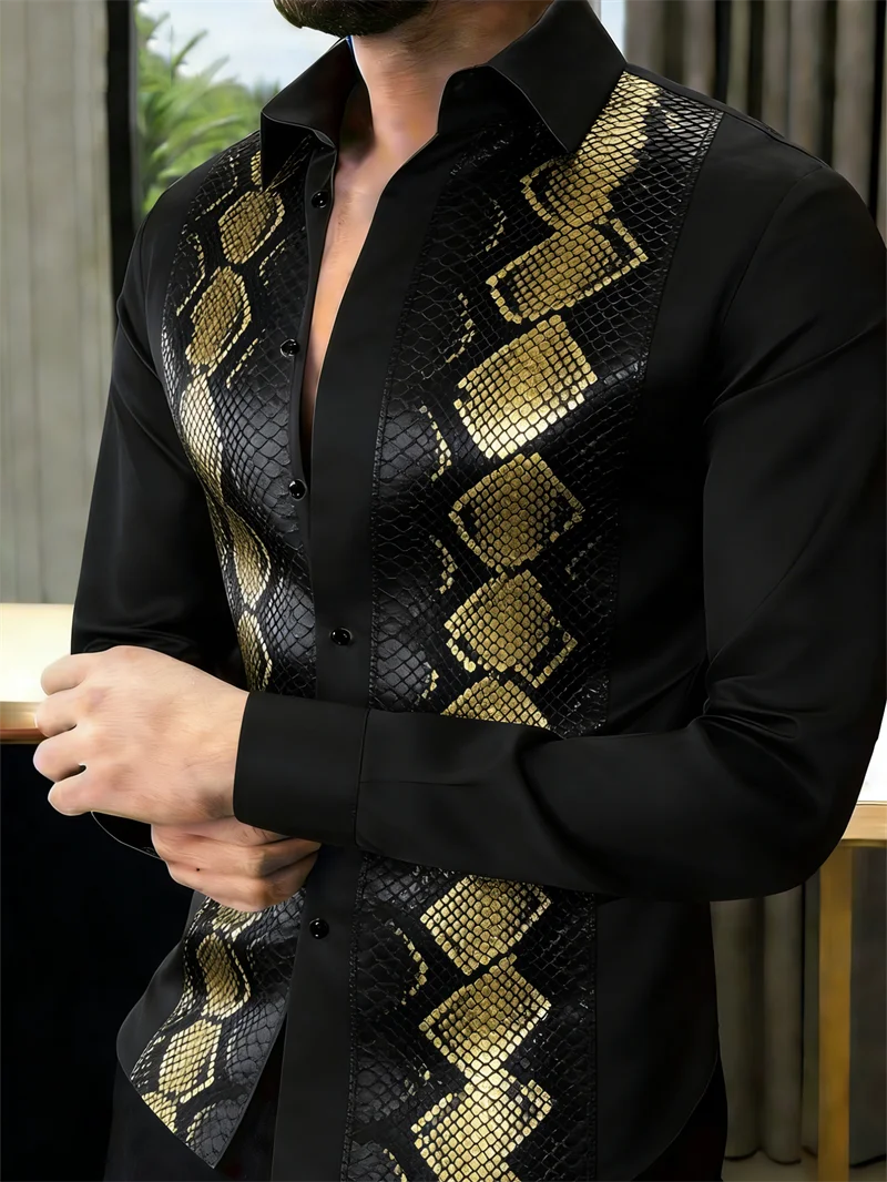 New 10 Color Men's Fashionable 3D Snake Scale Printed Shirt Pattern Casual Long-Sleeved Button-Up Shirt Top