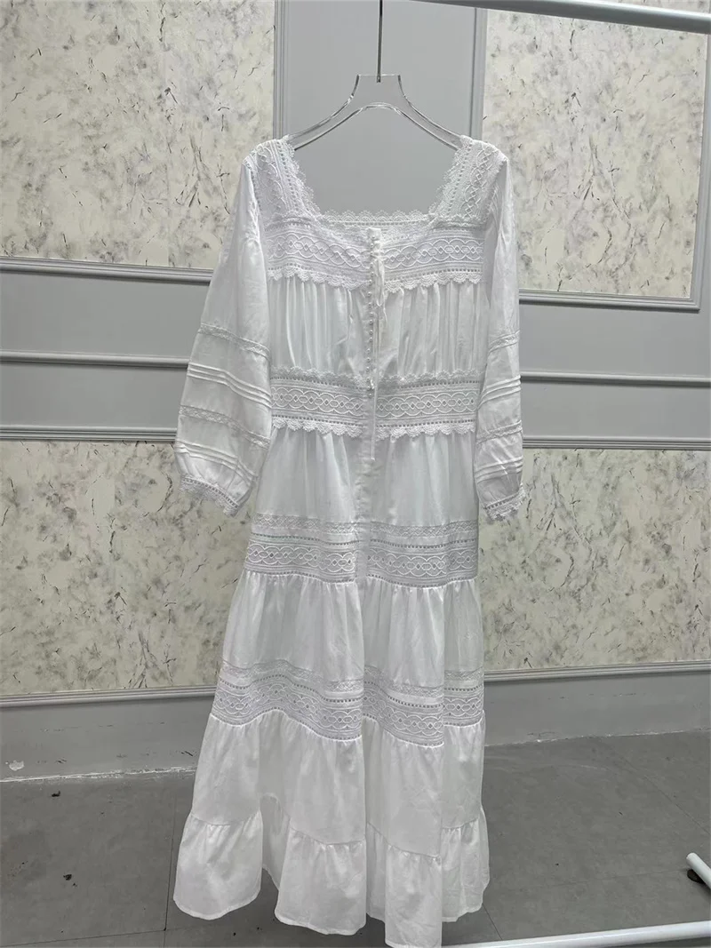 White Women\'s Single Breasted Dress Square Collar Lantern Sleeve Lace Hollow Out Lady Elegant Holiday Style Robe 2024 New