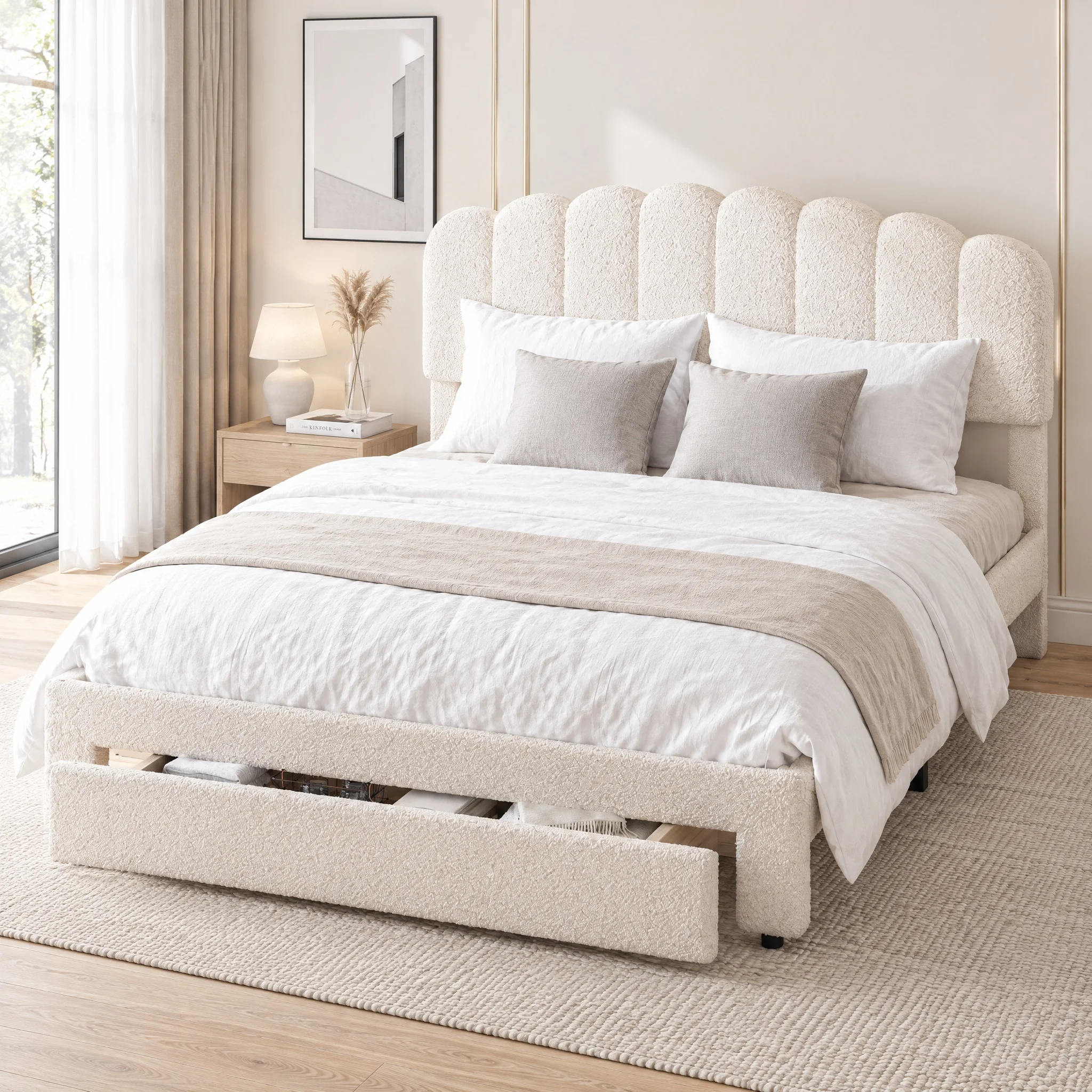 Letto imbottito Anajqaqia, 160x200 cm, struttura per letto matrimoniale con cassetto contenitore a scomparsa, colore beige, senza materasso.