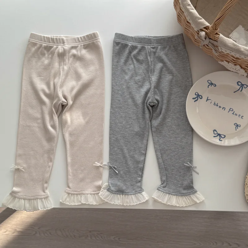 

2025 Spring New Baby Girl Bow Lace Leggings Solid Girls Flared Trousers Baby Elastic Casual Pants Cotton Kids Toddler Clothes