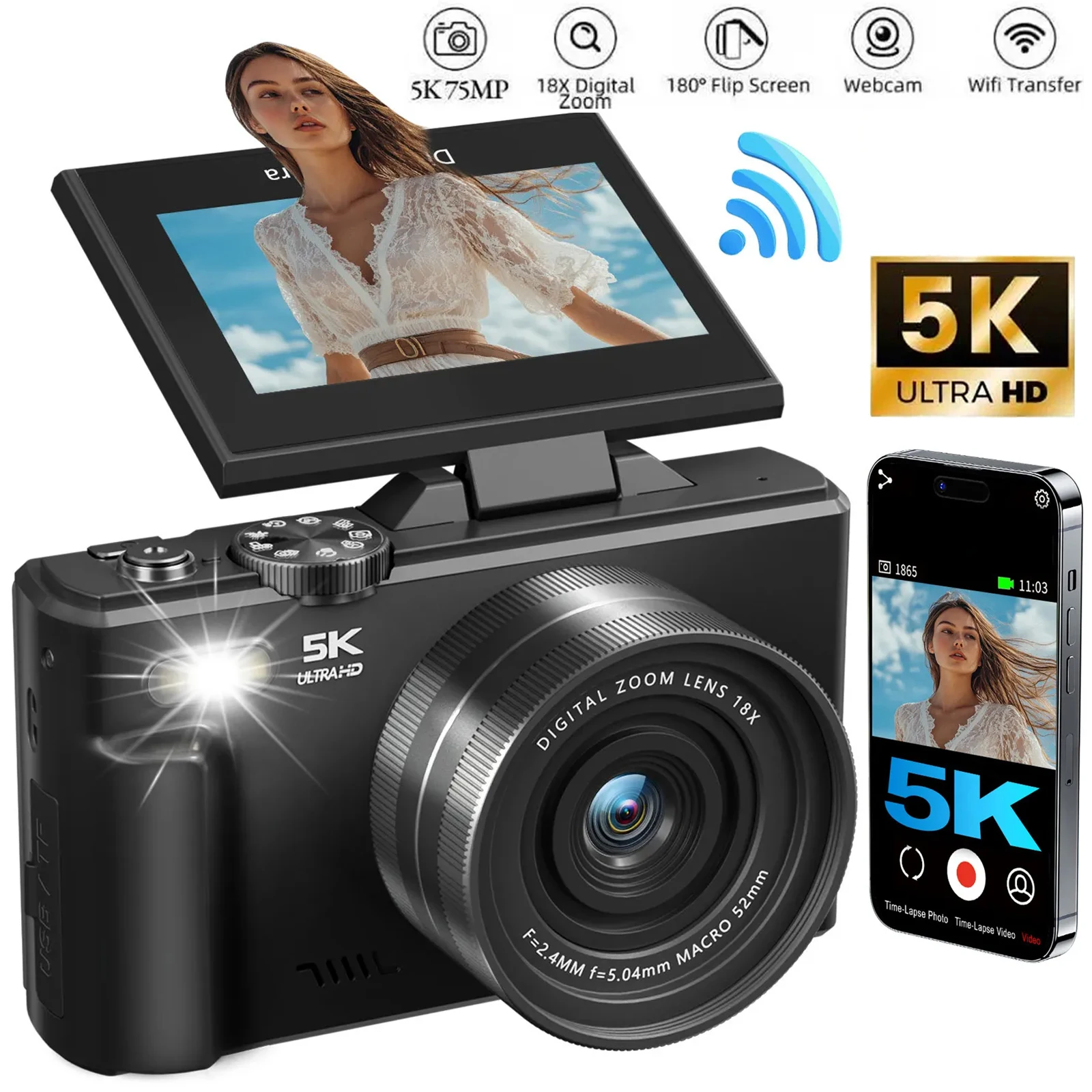 

Vintage 5K 75MP Digital Camera 180° Flip Screen WiFi Selfie 18X Zoom Vlog Recorder for YouTube