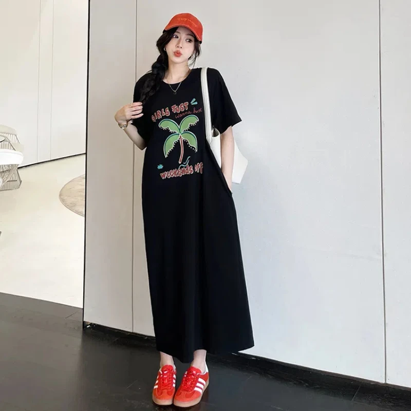 ใหม่ 2025 ฤดูร้อนชุดสตรีหลวมพลัสขนาด Preppy สไตล์ Lady Vestidos พิมพ์เย็บปักถักร้อยแขนสั้นหญิงเสื้อยืดชุด