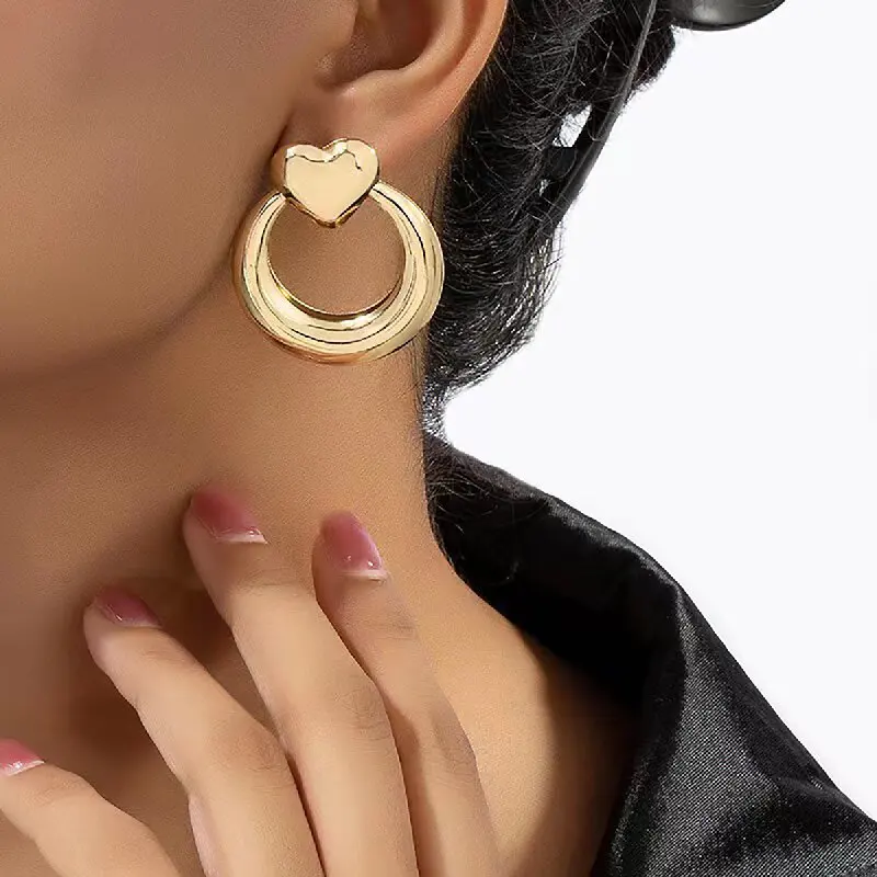 Women's Metal Heart & Circle Hoop Earrings Simple Minimalist Fashion Jewelry