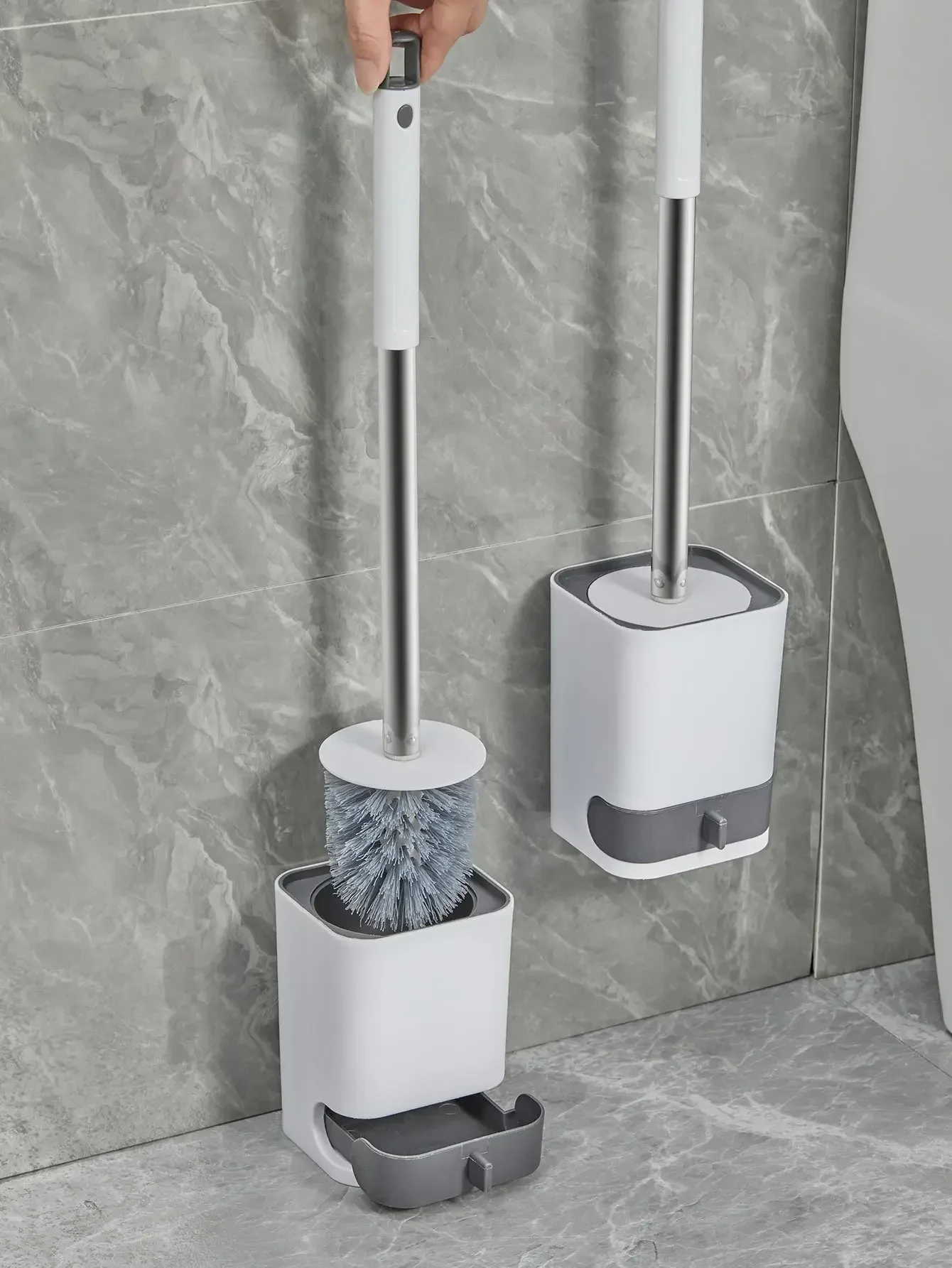 Punch-Free Wall Mounted Toilet Brush With Drainable Base Long Handle Plastic Toilet Cleaning Brush Bathroom Accessories