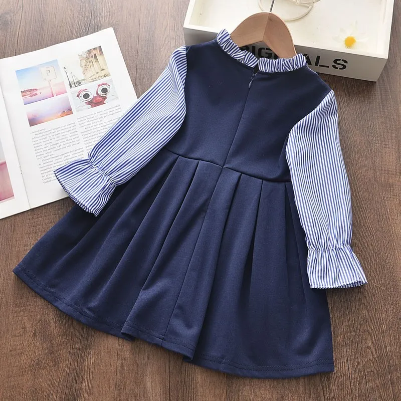 Baby Girls Long Sleeve School dresses kids Girl striped bow fake 2pcs College style dress