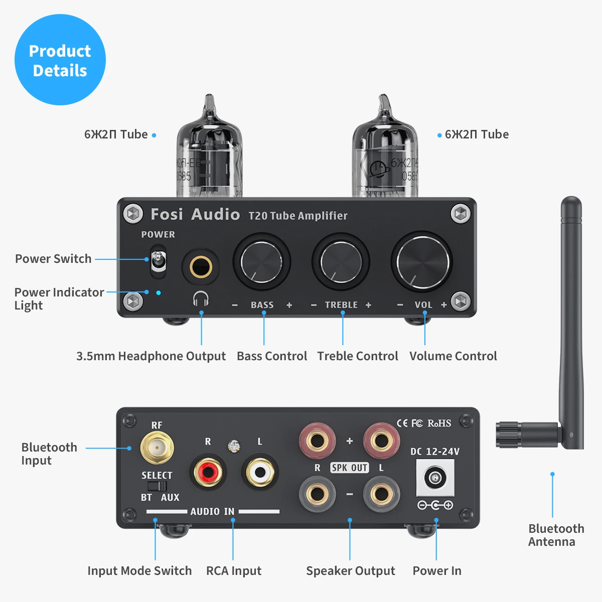 Fosi Audio Bluetooth Tube Amplifier Stereo Audio 50W TPA3116D2 Power Amp Portable Headphone Amplifier For Home Passive Speakers