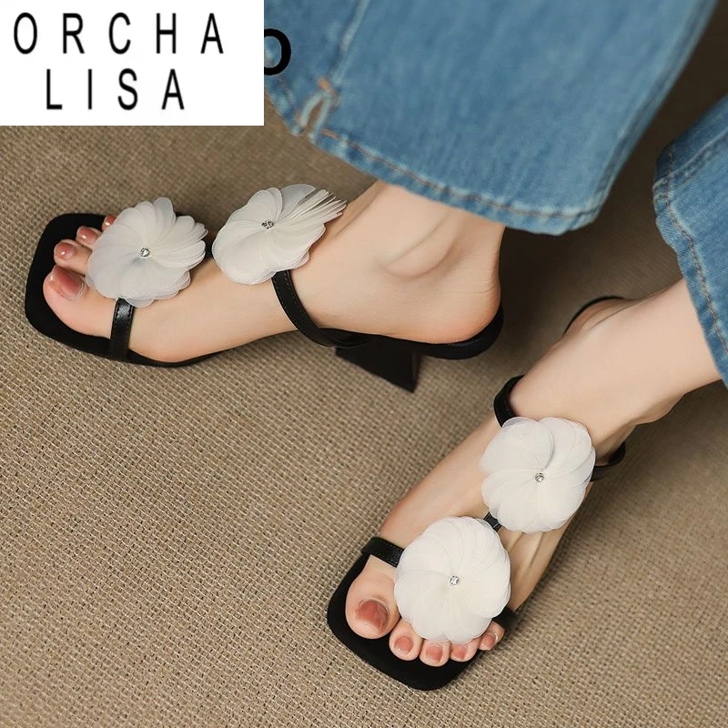 

ORCHA LISA 2025 Новый дизайн Женские сандалии из натуральной кожи с квадратным носком без шнуровки с цветком на странном каблуке 6 см Модные пикантные туфли для свиданий 40