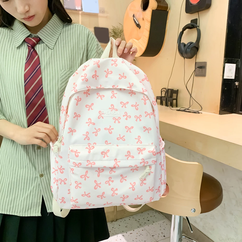 Adjustable Strap Daypack Nylon Student Backpack Bow Printed for Girls Women Travel Bag Cute Knapsack Rucksack