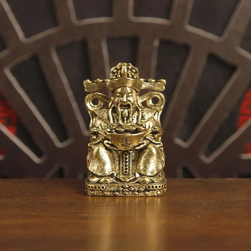 1Pcs Brass Mini God of Wealth Statue Lucky Fortune Ornament Home Office Living Room Desktop Wealth Attracting Decor