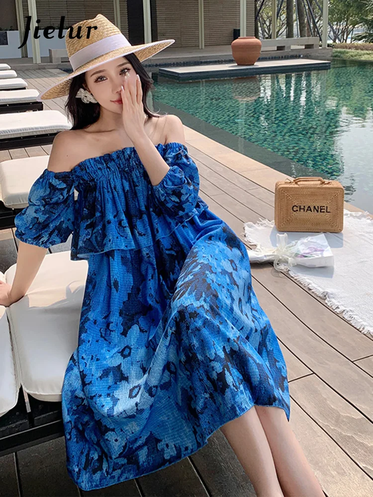 

Jielur Spring Summer New Blue Slash Neck Woman Dress Loose Seaside Holiday Beach Dress Lady Sweet Butterfly Sleeve Female Dress