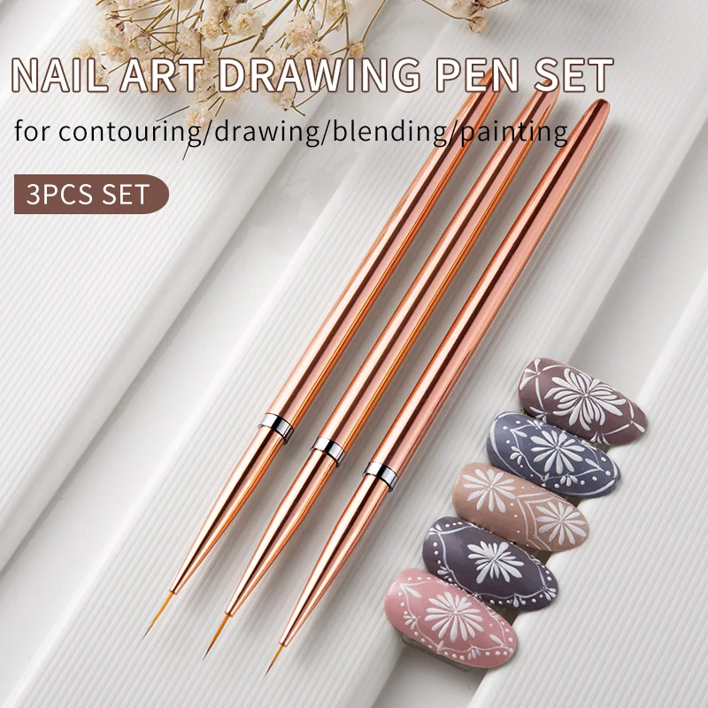 Rose Gold 3Pcs/set Nail Art UV Gel Liner Painting Brushes Drawing Flower Striping Design Manicure Tools Kits 7/9/11mm