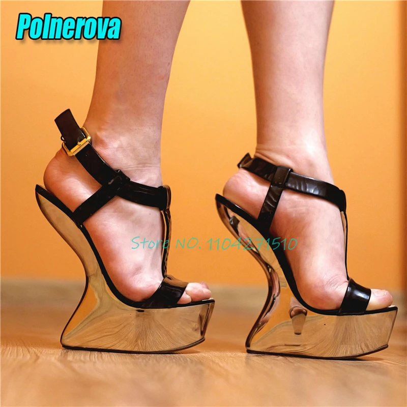 

Women Suede T-Strap Platform Heelless Sandals Sexy Open Toe Wedges Ankle Buckle High Heels Fashion Ladies Patent Leather Shoes