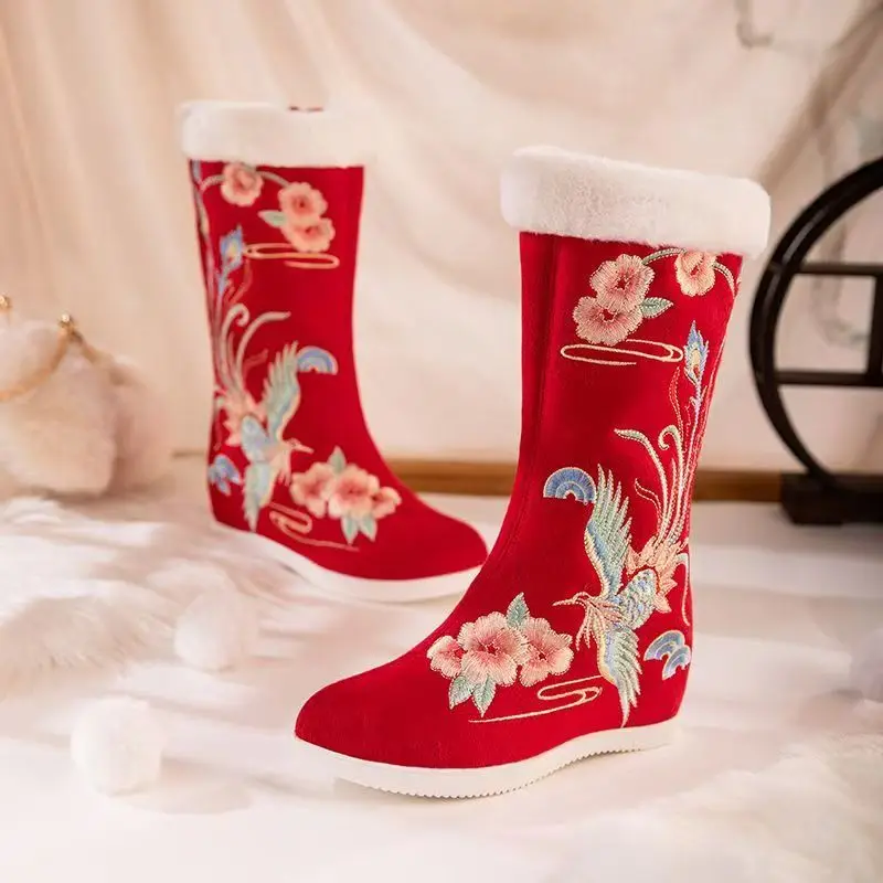 

Women Winter New High Top Embroidered Cotton Boots Ethnic Style Round Toe Increased Internal Plush Keep Warm Red Wedding Boots