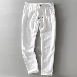 7409 Men Spring Autumn Fashion Japan Style Vintage Linen Solid Color Straight Pants Male Casual Slim Fit White Simple Trousers