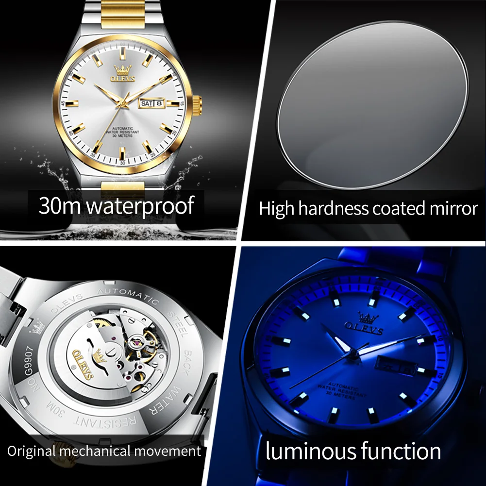 OLEVS Top Brand Men\'s Watches Fine Steel Automatic Mechanical Original Watch For Man Waterproof Luminous Date Fashion Reloj