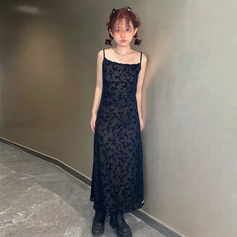 

2024 Goth Dark Floral Print Gothic Midi Dresses Y2k Fairy Grunge Style Lace Long Dress Women Sling E-girl Party Streetwear NWQ41