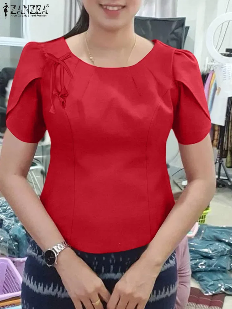 

ZANZEA 2025 Elegant Blouses Women Fashion Lace-up Pleated Tops Casual Loose Blusas Summer O-Neck Bow Solid Color Pullover