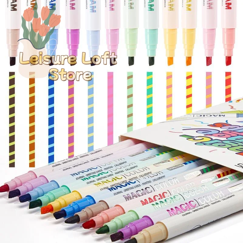 Double Ended Magic Color Changing Highlighter Pen Set 12Pcs Quick Dry No Bleed for Student DIY Diary School Note Taking