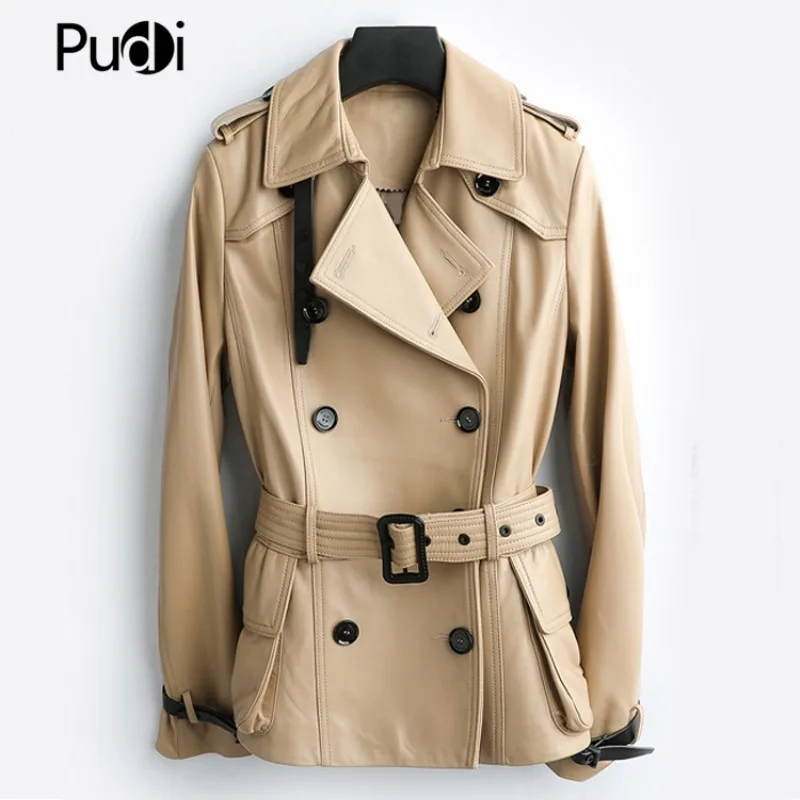 

PUDI New Women Genuine Sheep Leather Coat Lady Female Real Sheep Skin Belt Jacket Fall/winter Coats Trench Clothes CT015