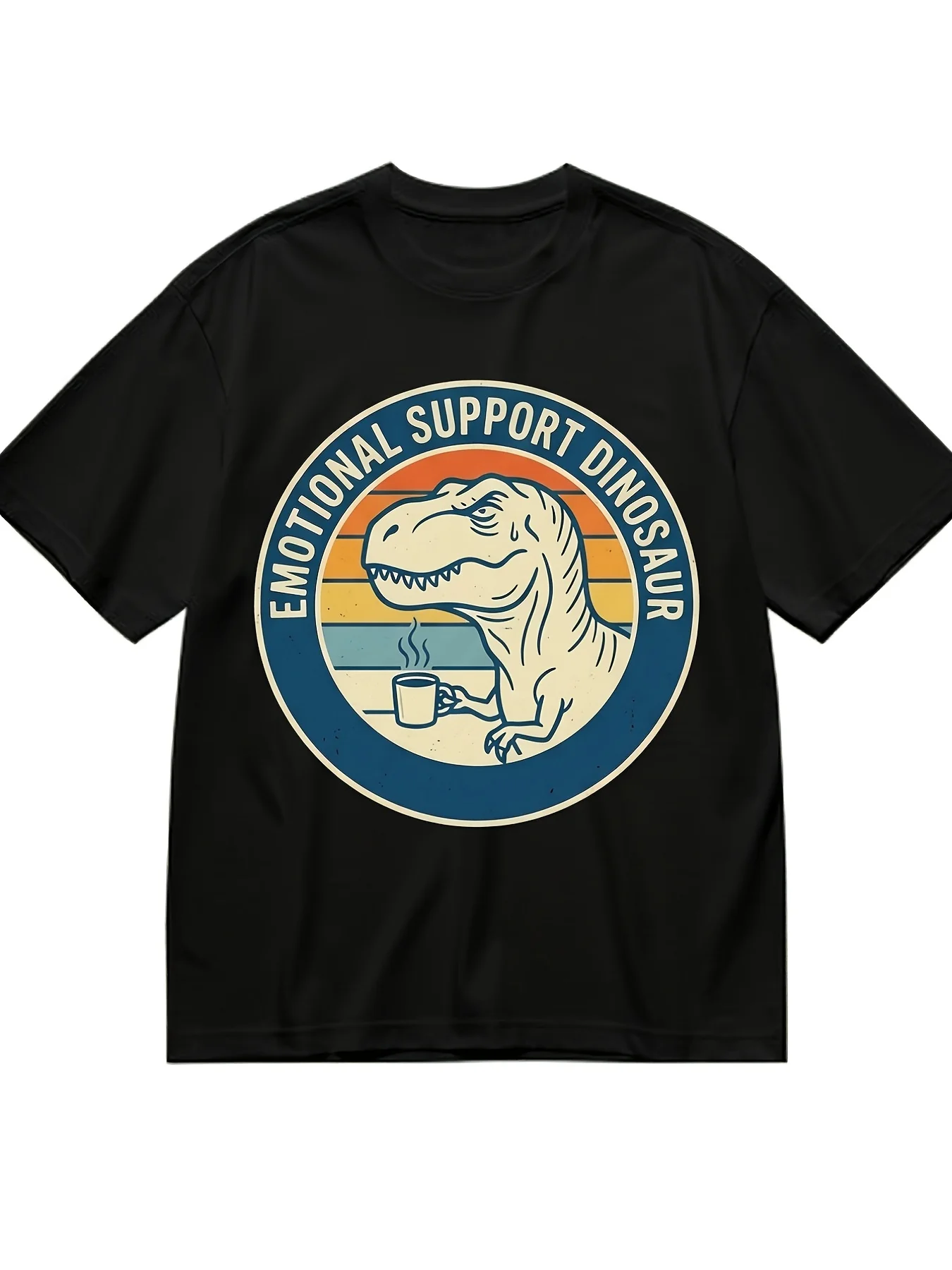 Unisex Crew Neck T-ShirtEmotional Support Dinosaur T Shirt Funny T Rex Drinking Coffee Retro Vintage Sunset Graphic Tee Humorous