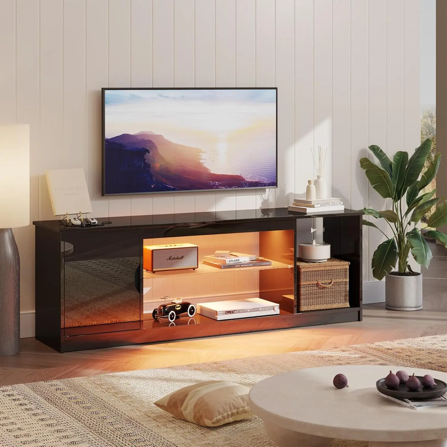 

57" Gloss Black Media Console - Gaming TV Stand for 65 Inch TV, Entertainment Center for PS5/Xbox Series X, Modern Home Theater