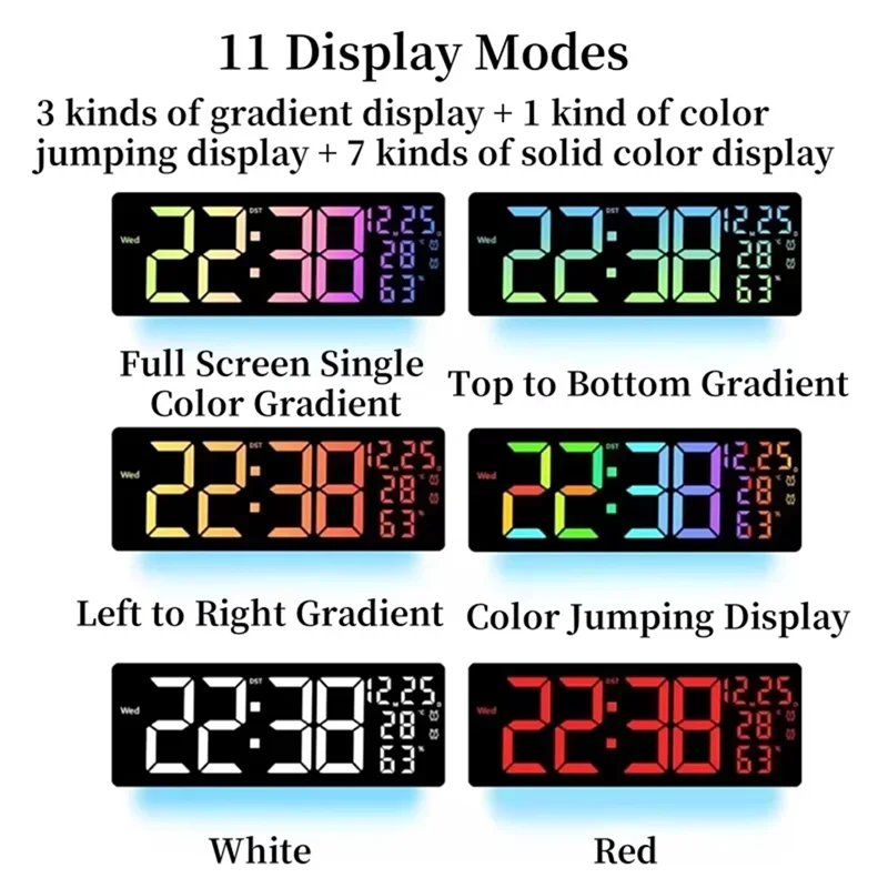 AASS-Multifunctional RGB Large Digital Wall Clock - 8 Colors, Displays Temp, Humidity, Date, With 2 Alarms And Countdown Timer