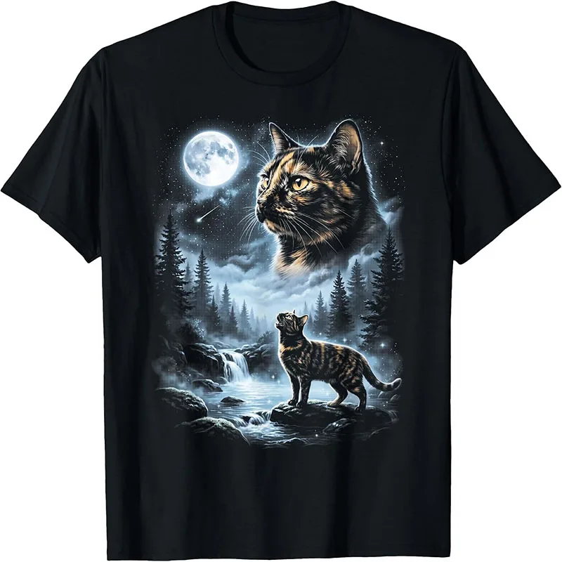 Men Cotton Tee Shirt Cat Moon Waterfall Scenery Print Short Sleeve Casual Tshirt