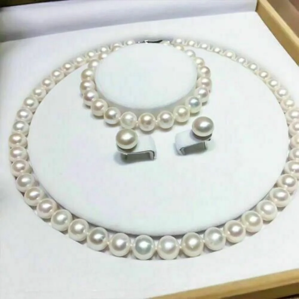 HOT AAA 9-10MM AKOYA WHITE PEARL NECKLACE BRACELET EARRING SET