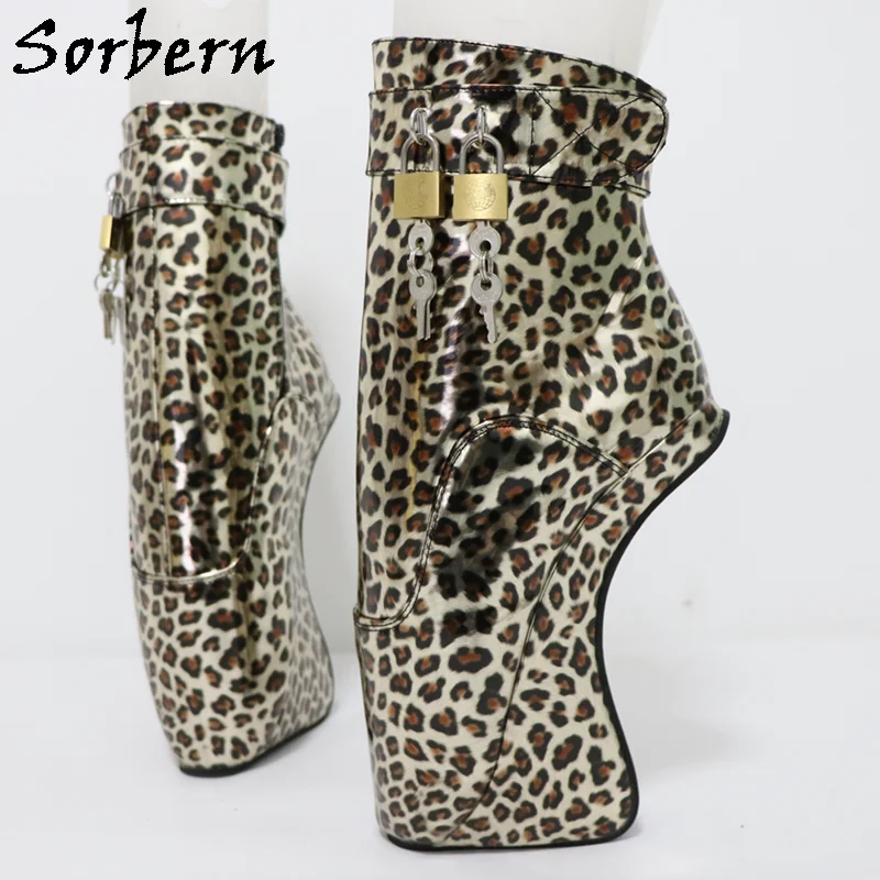 Sorbern Leopard Holo Ankle Boots For Women Lockable Ankle Straps Sm Fetish Booties Heelless Platform Shoes Custom Color