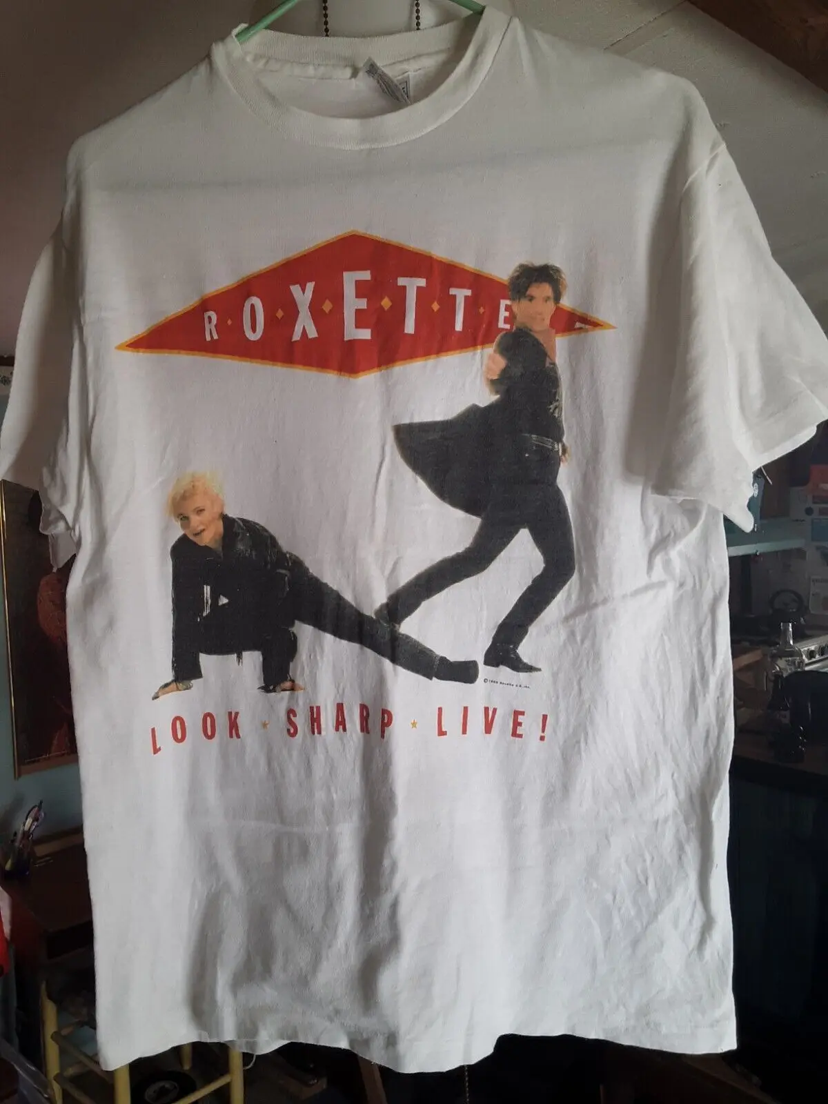 Vtg ROXETTE تبدو حادة حية! تي شيرت (LG White) MARIE FREDRIKSSON PER GESSLE PG