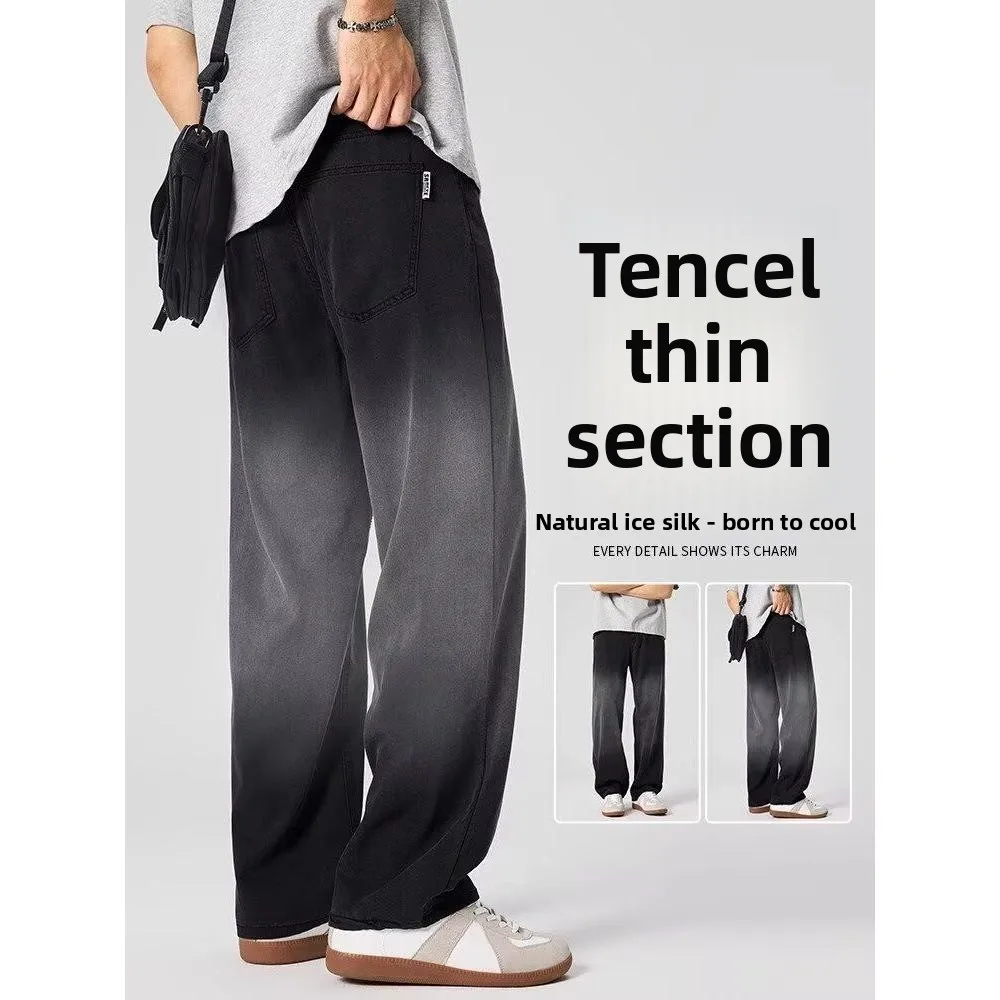 

E ey Джинсы из ледяного шелка, мужские летние тонкие модные свободные прямые брюки, мягкие повседневные длинные брюки