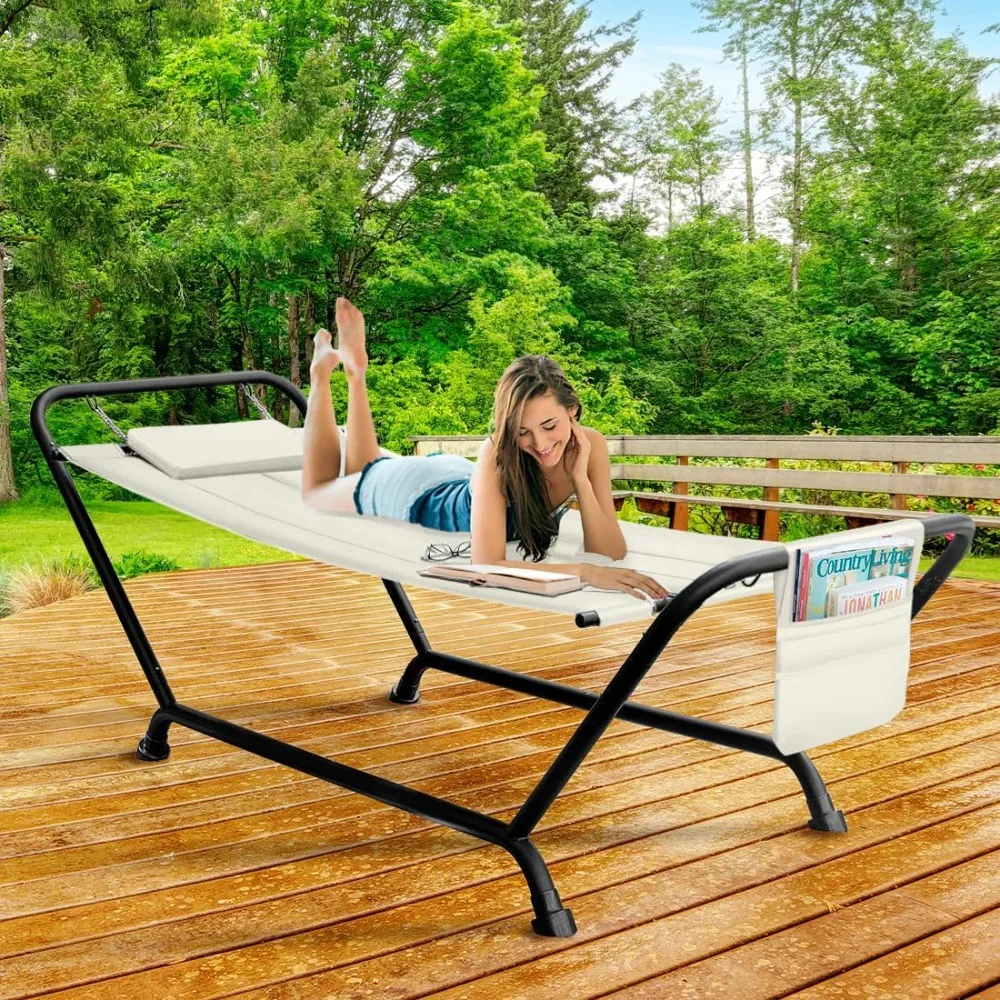 

Cozy Hammock Bed- Patio Hammock with Stand w/Pillow and Storage Pockets- Heavy Duty 500lbs Support- Durable Outdoor Hammock