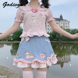 Daughter Clothing Girls Sweet Cute Polka Dot Short Sleeve Cartoon T-shirt Kawaii Short Skirt 2 Piece Set Women's Summer Outfits