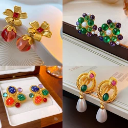 French Retro Colorful Enamel Pearl Flower Metal Pendant Clip on Earrings 2023 New exaggerated Matte Gold Non Pierced Jewelry