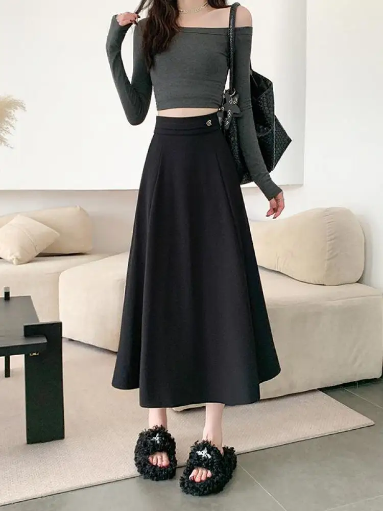 

Korean Fashion Chic Women Black Elegant Vacation Pleated Party Long Skirt Autumn New Brown High Waist A-line Skirt Clothes Trend