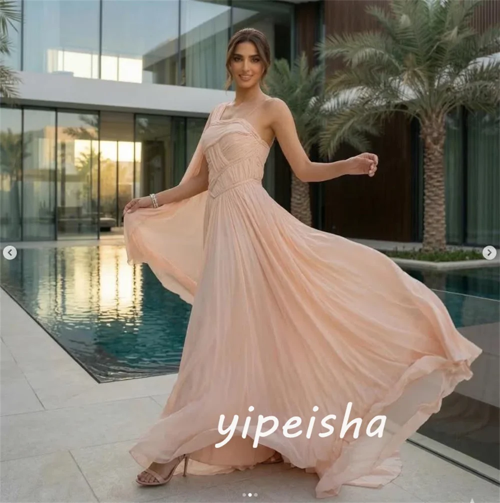 Customized Sexy Sizes Available Pleat Ruched Draped Chiffon A-line One-shoulder Long Dresses Evening Dresses