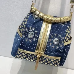 2024 New Women's Denim Bag Canvas Woven Diamond Barrel Tassel Bag Shoulder Messenger Bag