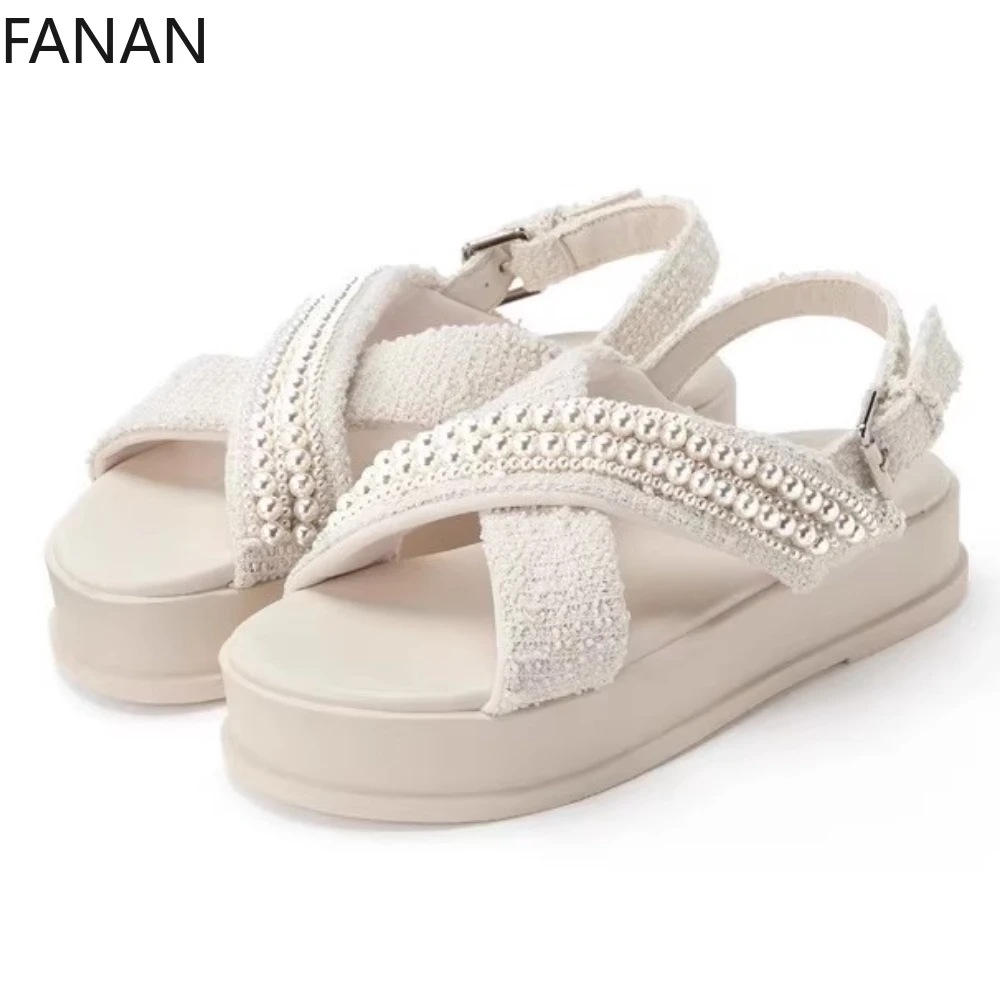 

Vintage Elegant Shoes for Women's High Heel Sandals Pearl Cross Strap Japanese Style Sports Women's Flat Shoes Sandals Summer