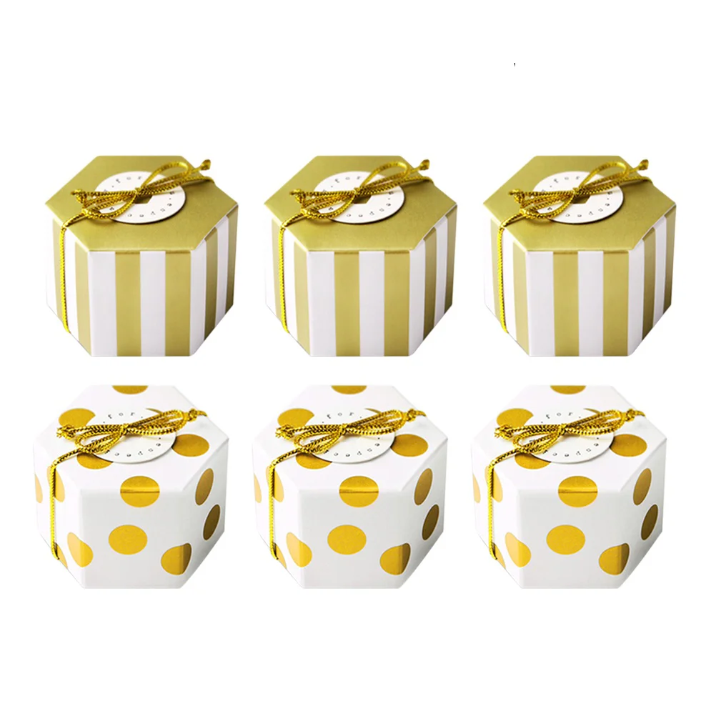 50 Pcs Candy Boxes Mini Hexagon Gift Boxes Stripe/Dots Golden Bronzing Color Chocolate Boxes Packaging Boxes for Baby Shower Par