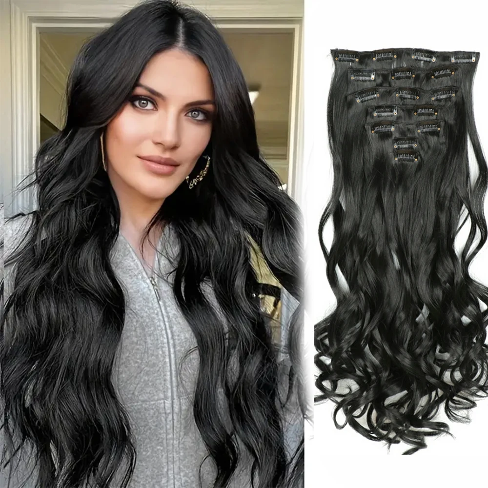 

7pcs/set 16-Clip in hair extension body wave Synthetic wigs 22inch long curly Hairpiece Increase hair volume Extension women wig