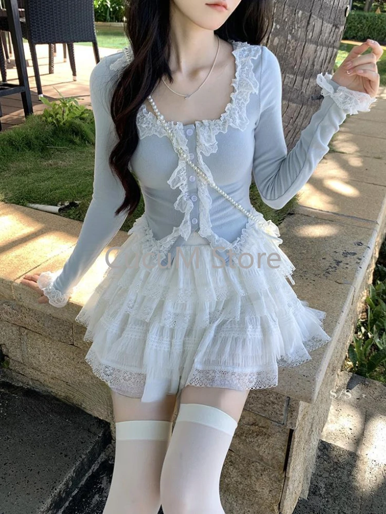 Woman Korean Fashion Sweet Sets Y2k E-girls Slim Fit Knitted Tops + Casual Mini Skirt Outwear White Cake Skirt Lolita Chic Suit