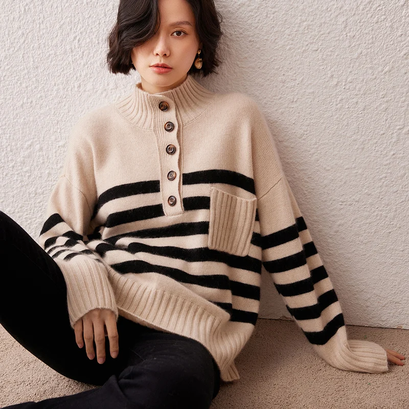 

Half-Open Striped 100% Cashmere Sweater for Women, High Neck Button Knitted Sweater, Lazy Loose Feel Base Shirt Top