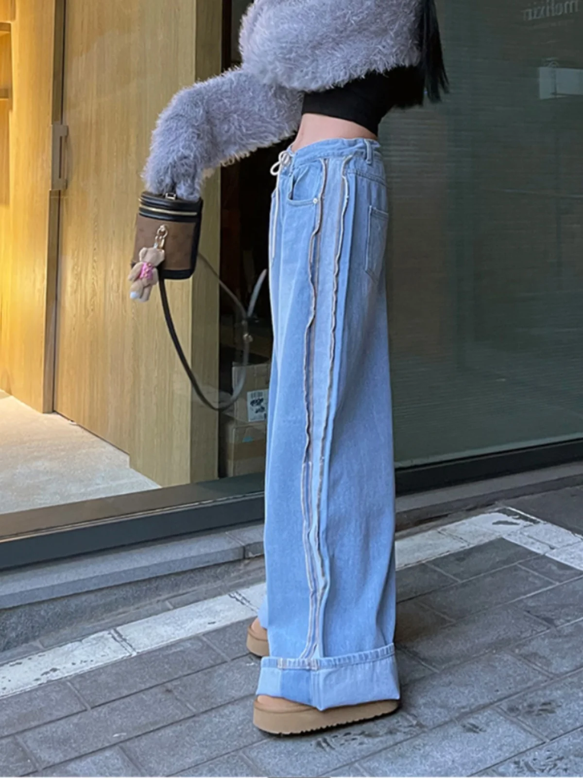 Retro Faded Wide Leg Denim Jeans Women's Cool Versatile Loose Belted Straight Side Strip Long Trousers Casual High Waist