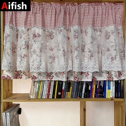 Pink Flower Lace Short Curtain  for Kitchen Small Window Rod Pocket Top Half Curtain American Pastoral Print Room Door Drapes
