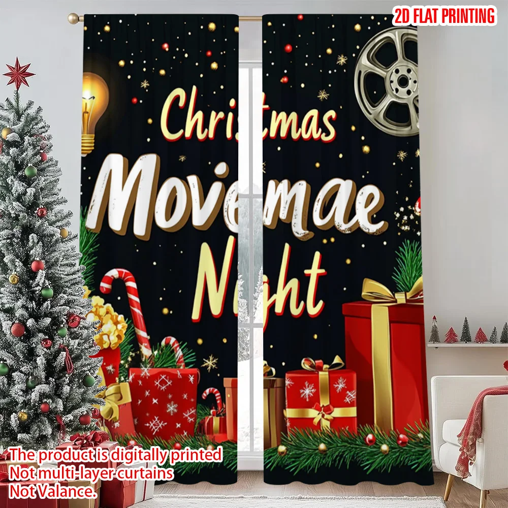 

2pcs 2D flat printing Merry Christmas Popular Curtain Santa Claus hat Polyester Without Electricity Spring Use for room decor
