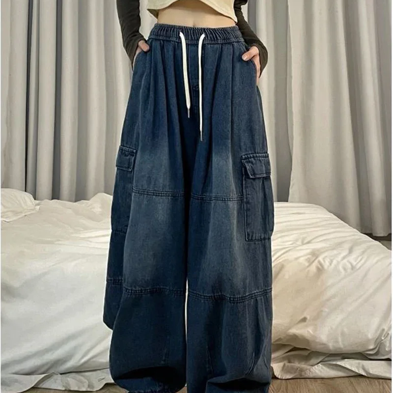 Women's Y2K Vintage Blue Cargo Jeans, Elastic Waist, Oversized Baggy Denim Pants, Fall Drawstring Cotton Trousers, Streetwear