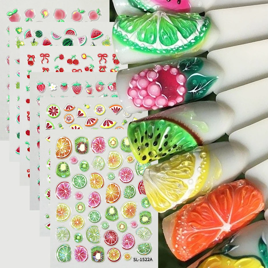 2 pcs Jelly Tropical Fruit Nail Stickers Colorful Simulation Fruit Adhesive Charms for Nails Cool Summer Fruit DIY Decals Design